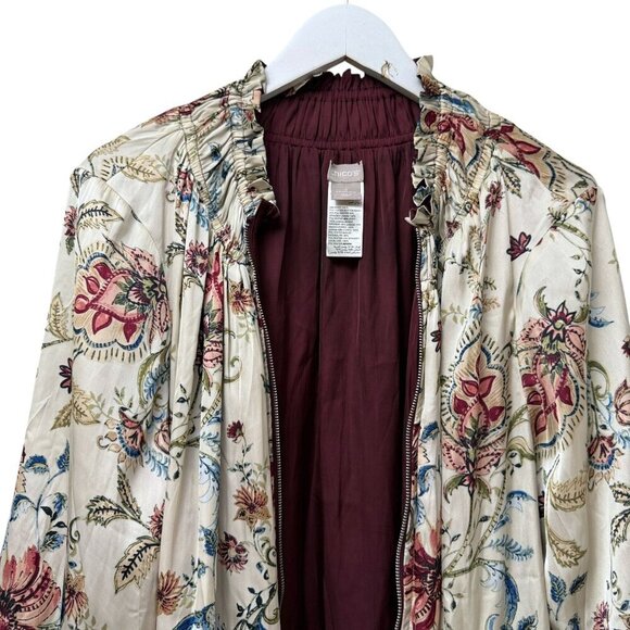 CHICO'S Floral Bomber Jacket XL (Chicos 3) Cream Red Reversible Zip Front Satin - Picture 13 of 15
